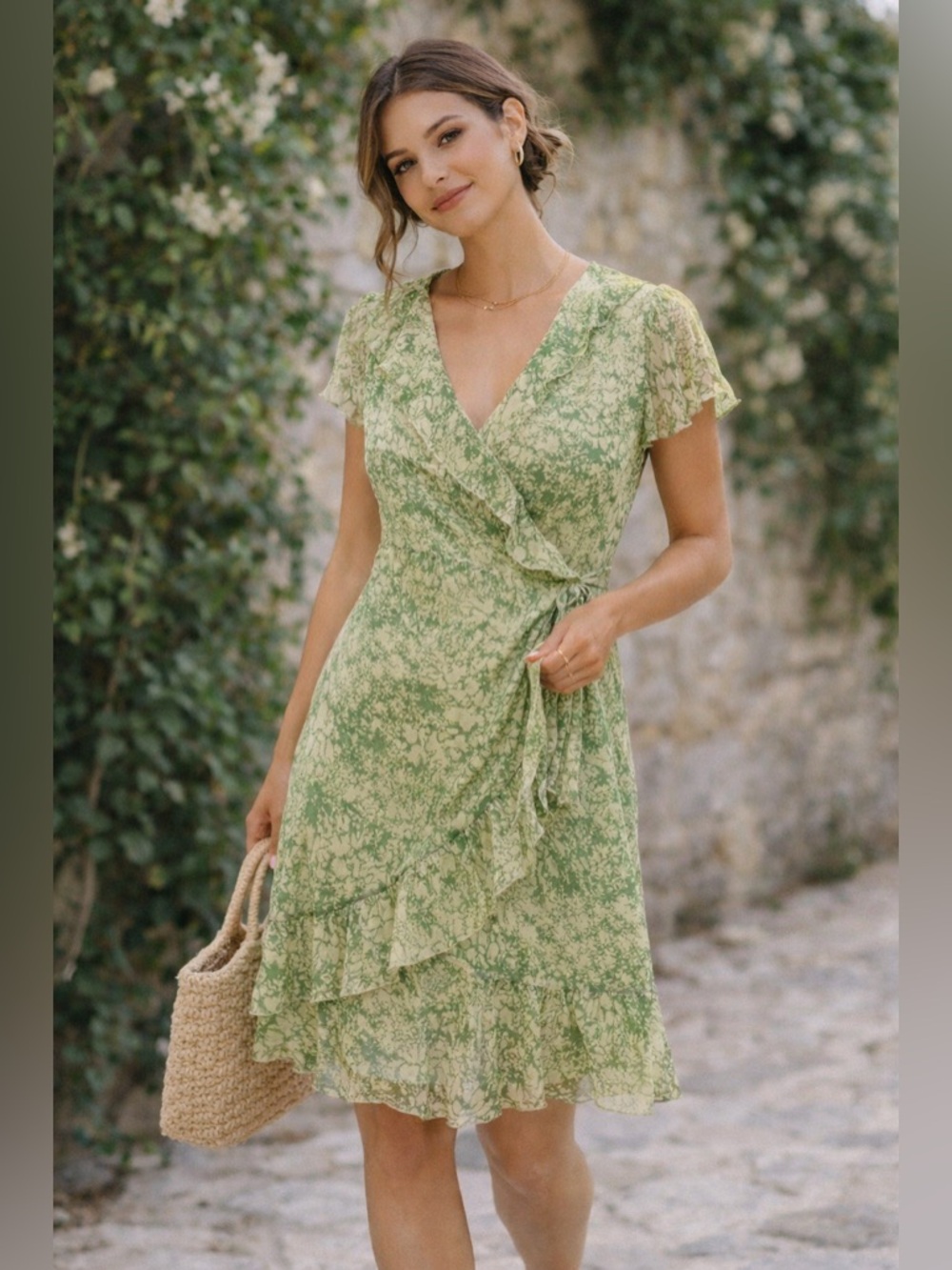 Sundance Green Floral Silk Wrap Dress Short Sleeves 10 Petite